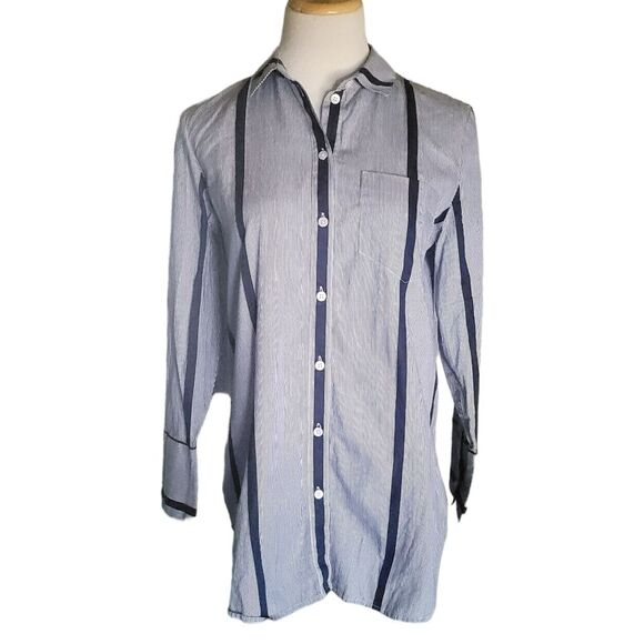 Madewell Oversized Striped Blue Button Down Tunic Long Sleeve Tunic Size Large - Picture 2 of 9